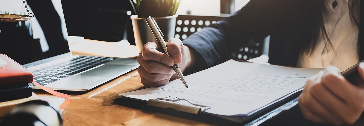 law concept, lawyer woman hoding pen with contract or agreement document to customer for signing in courtroom legal.